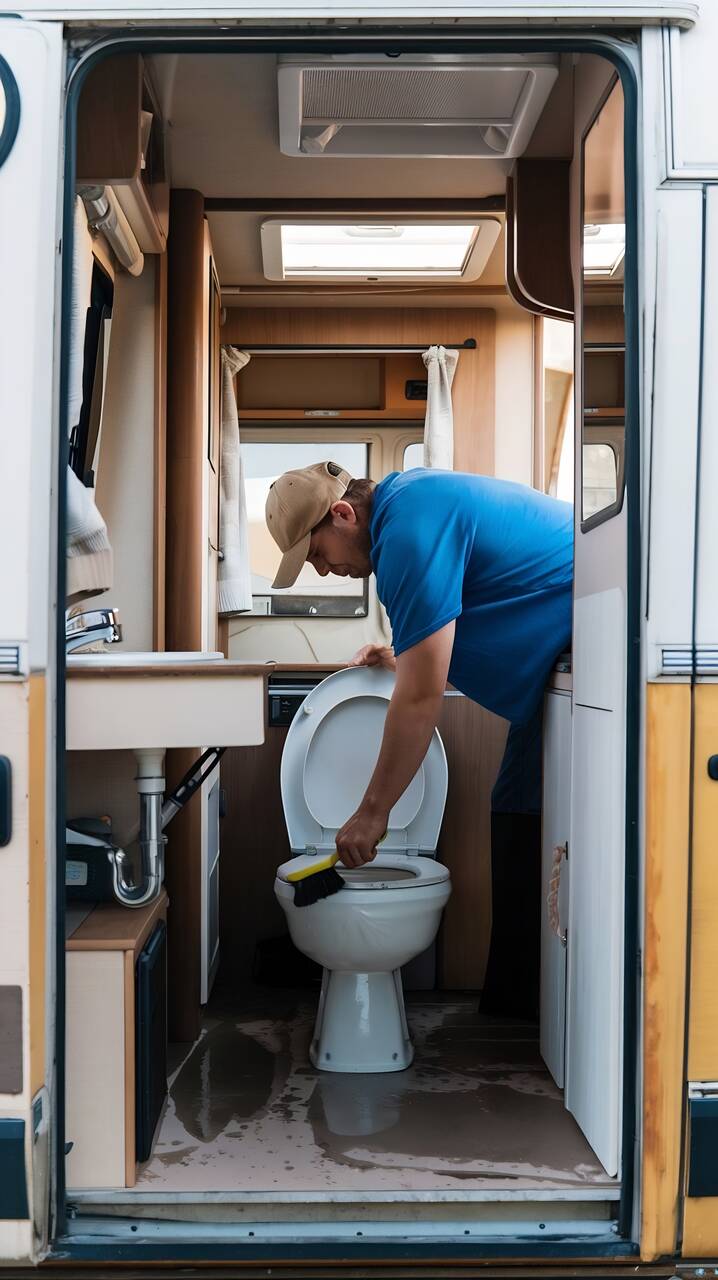 Homem limpando vaso sanitário de motorhome