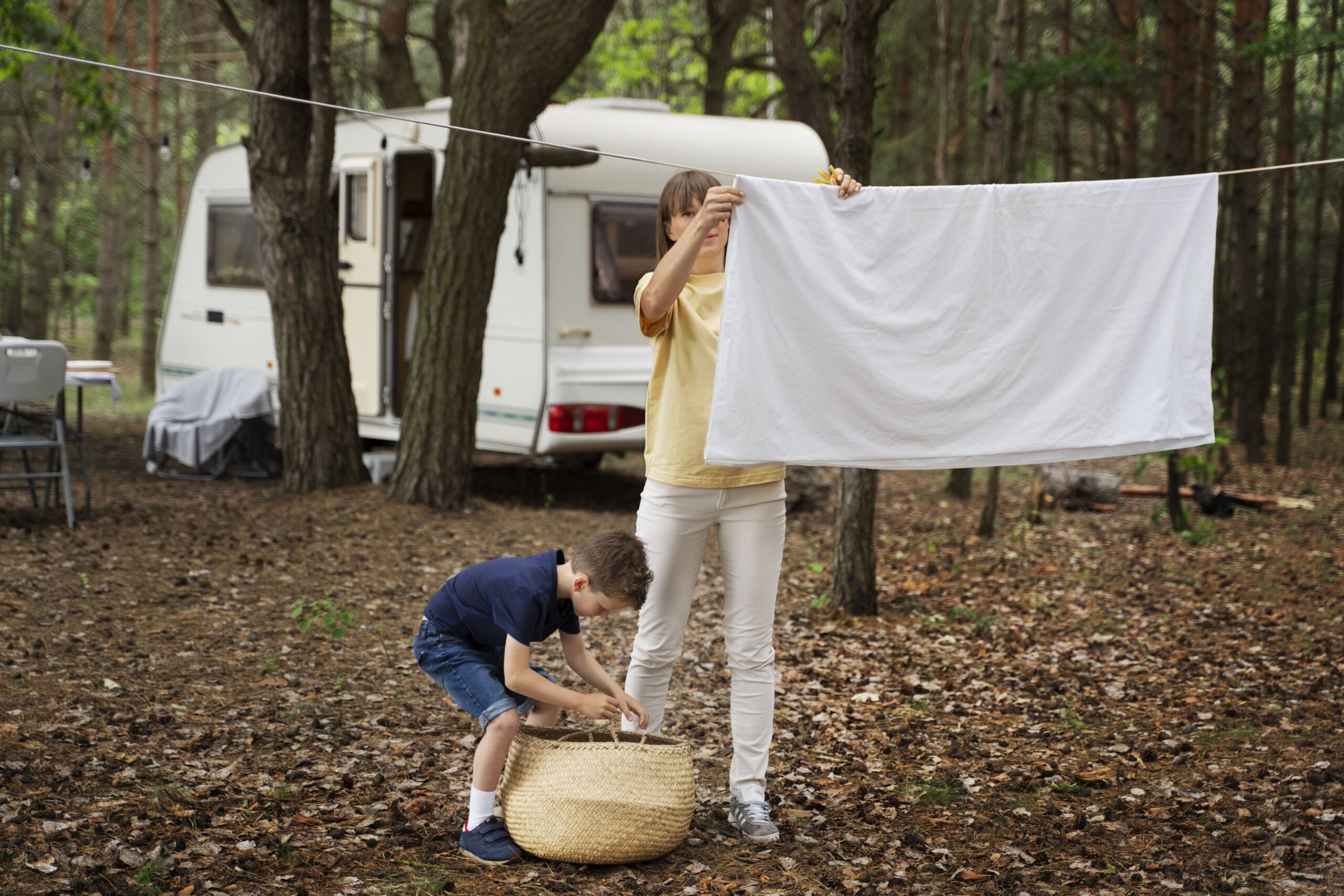 mulher lavando roupas com água da caixa de água do motorhome