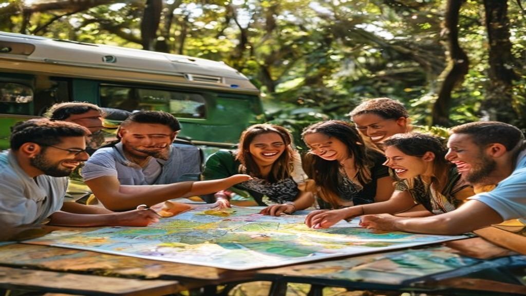 Amigos planejando rota em mapa ao lado de motorhome em parque nacional do Brasil. Guia para viagem de Motorhome.
