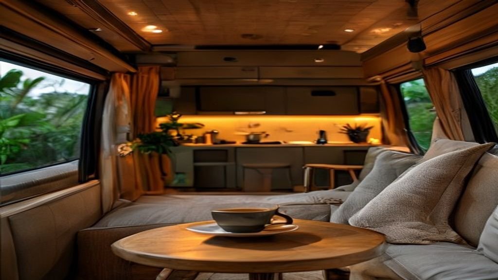 Interior aconchegante de motorhome moderno com cozinha e sala, destacando o conforto para um guia para viagem de Motorhome no
