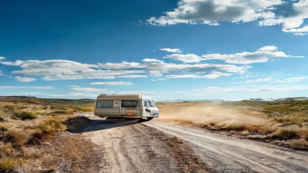 Motorhome em estrada de terra sinuosa no cerrado brasileiro. Guia para viagem de Motorhome pelo Brasil.