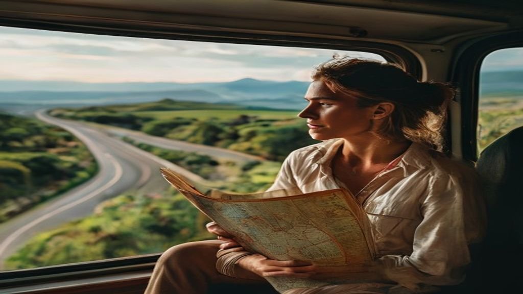 Pessoa planejando rota em mapa dentro de motorhome, olhando para estrada no Brasil. Perfeito para um guia para viagem de Moto
