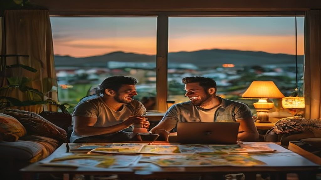 Casal brasileiro planejando rota de motorhome para viagem internacional com mapas e laptop.