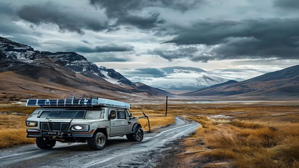 Motorhome para viagem internacional robusto em estrada de terra na Patagônia, preparado para aventura.